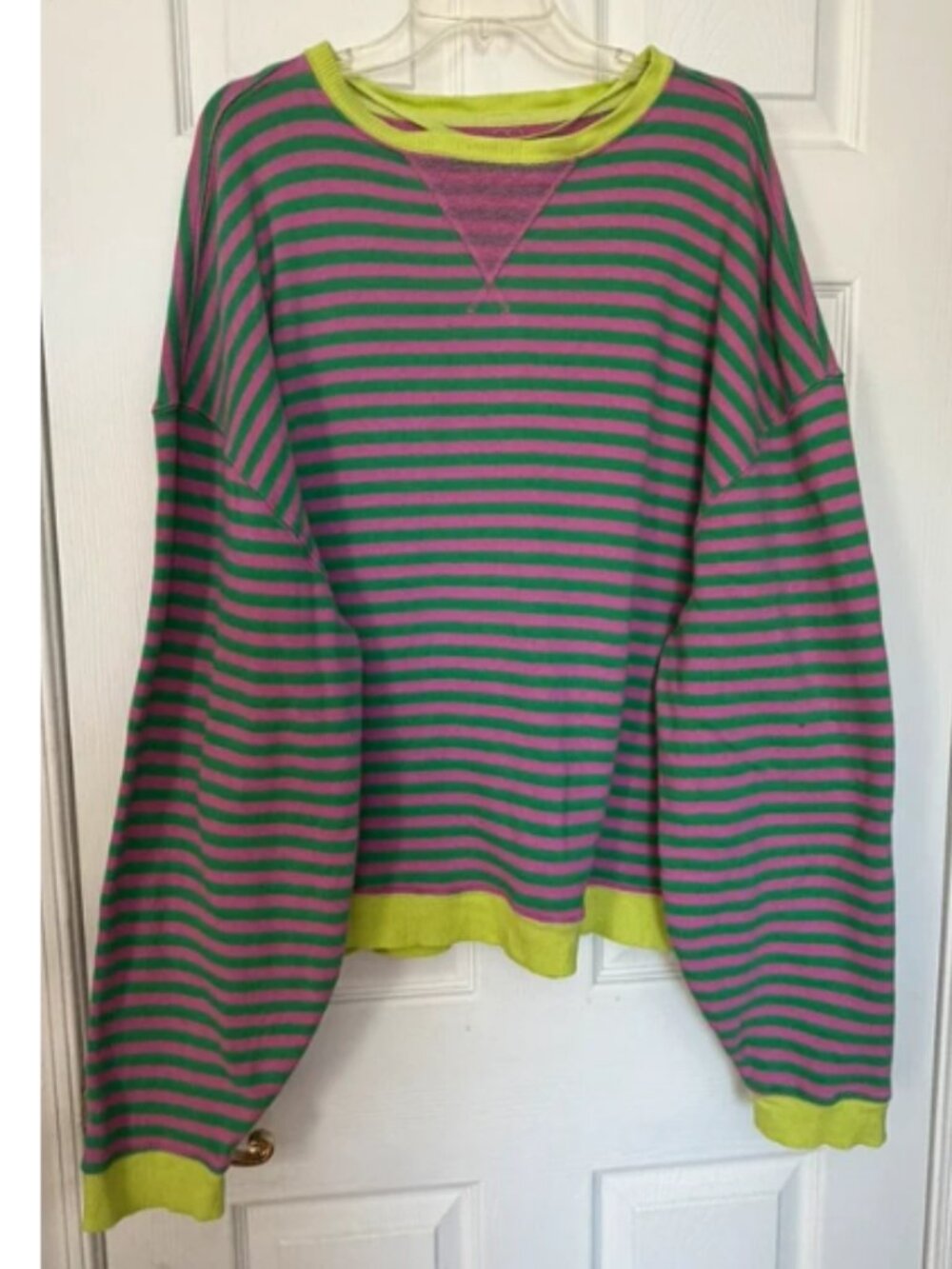 Free People Pink and Green Striped Sweatshirt with Neon Green Trim- M